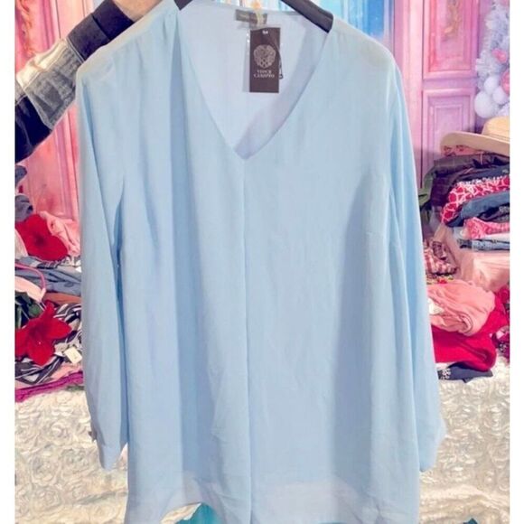 VINCE CAMUTO - NWT - L Sz 1X Pleated-Front Long Sleeve Tunic in "Light Chambray" - Picture 2 of 14